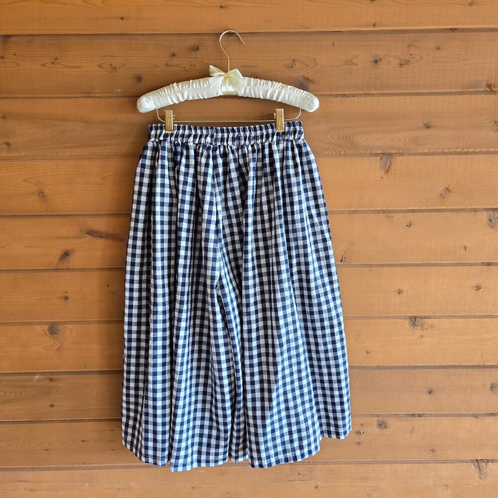 Gingham Culotte Pant Wide Leg Navy White High Waisted S/M Boho Retro Prairie - Picture 3 of 5